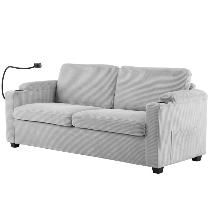 Corduroy Sleeper Sofa Loveseat Sofa With Full Size Mattress, 2 USB Ports, 2 Cup Holders, 2 Side Pockets And Phone Holder