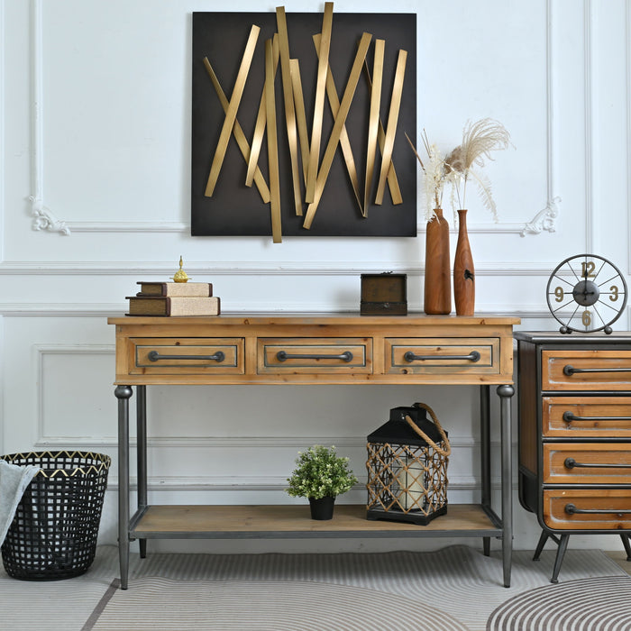 Accent Storage Console Table With Open Shelf And 3 Drawers For Living Room - Natural Wood / Brown