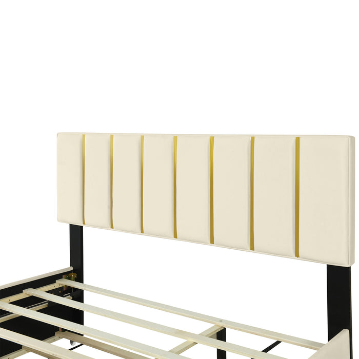 Upholstered Platform Bed With 2 Drawers And 1 Trundle, Classic Strip Headboard Design
