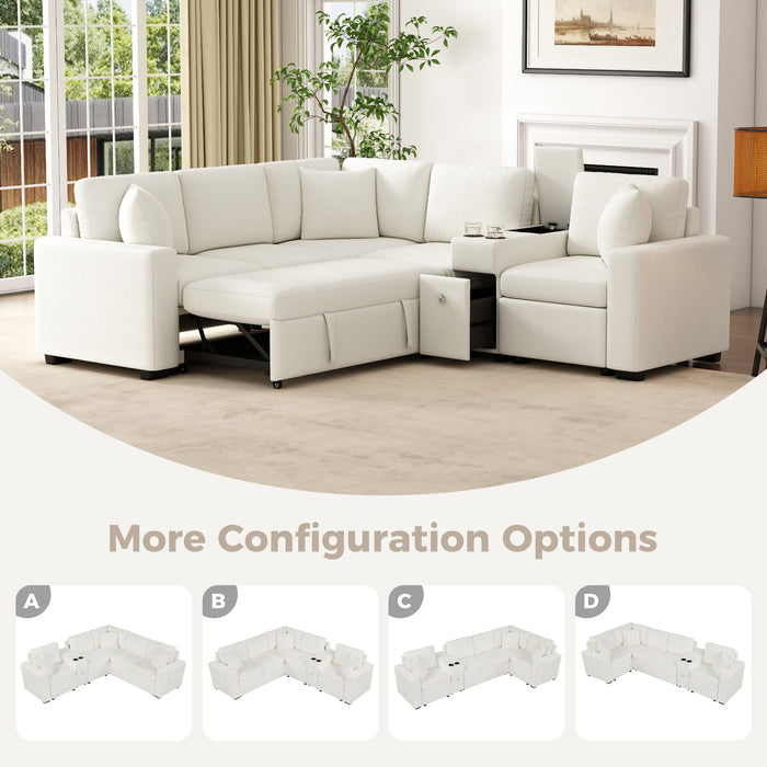 Contemporary L Shaped Convertible Sofa Bed With Pull Out Bed, Cup Holders, And Storage