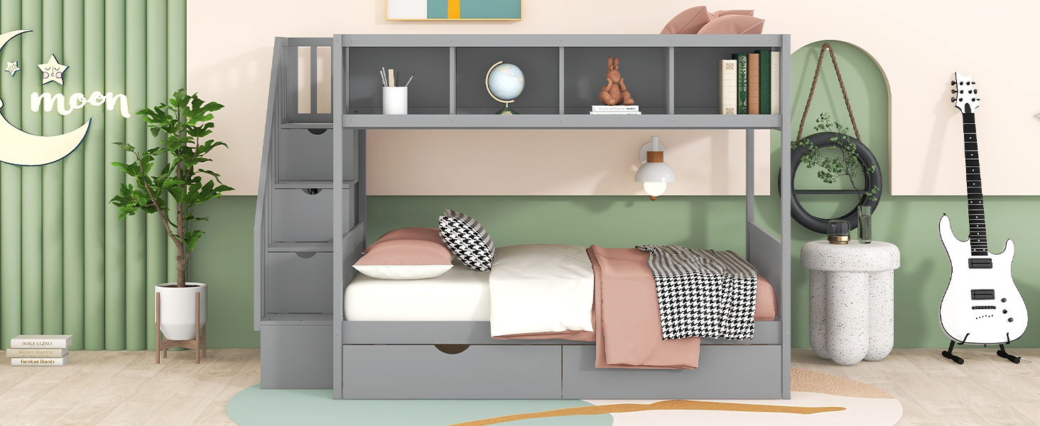 Bunk Bed With Shelfs, Storage Staircase And 2 Drawers