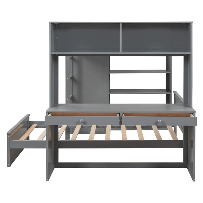 Loft Bed With A Twin Size Standalone Bed, Shelves, Desk, And Wardrobe