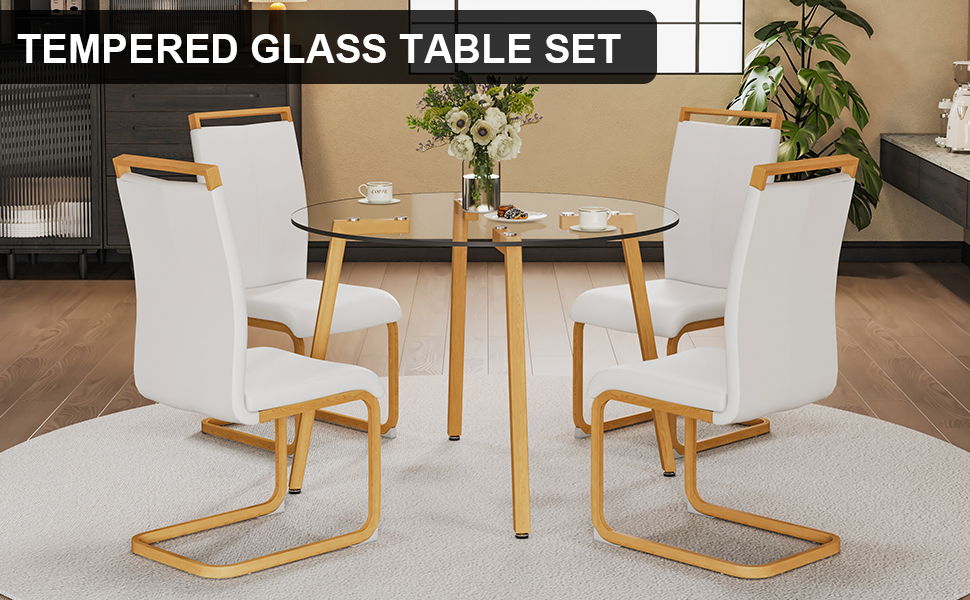 1 Modern Minimalist Style Circular Transparent Tempered Glass Dining Table, 4 Modern PU Leather High Backrest Cushioned Side Chairs, C - Tube Chrome Legs C - 1162 Drt - 1123