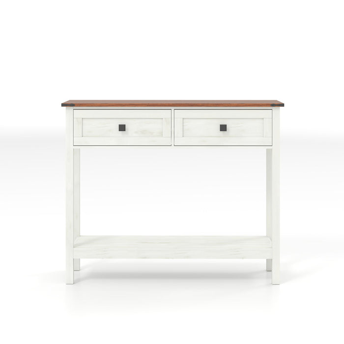 Farmhouse Style Console Table With 2 Drawers And Bottom Storage Shelf