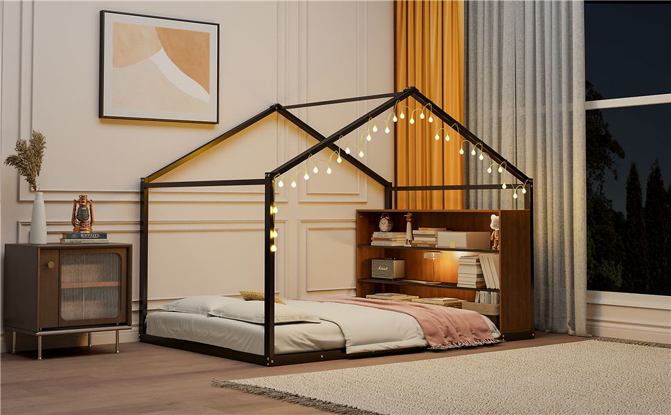 Bed House Frame With Shelves And Lights