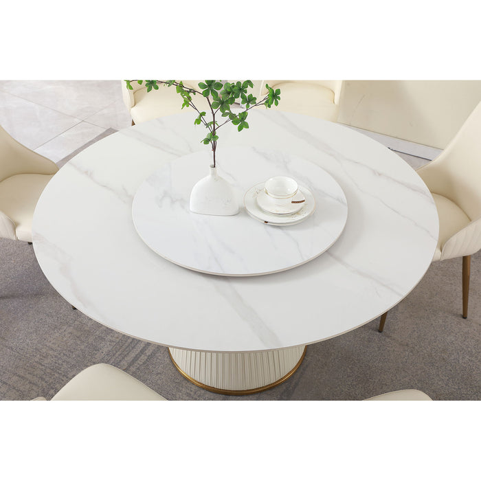 Modern Sintered Stone Dining Table With 31.5" Round Turntable With Wood And Metal Exquisite Pedestal With 6 Pieces Chairs.