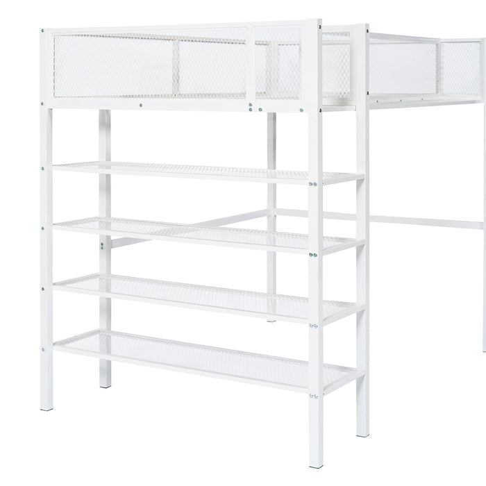 Loft Bed With 4 Tier Shelves And Storage