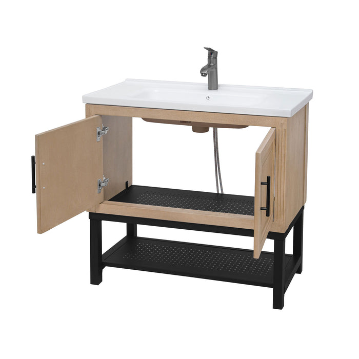 Modern Freestanding Bathroom Vanity With Ceramic Sink, Hot And Cold Faucet, Storage Cabinet & Open Shelf