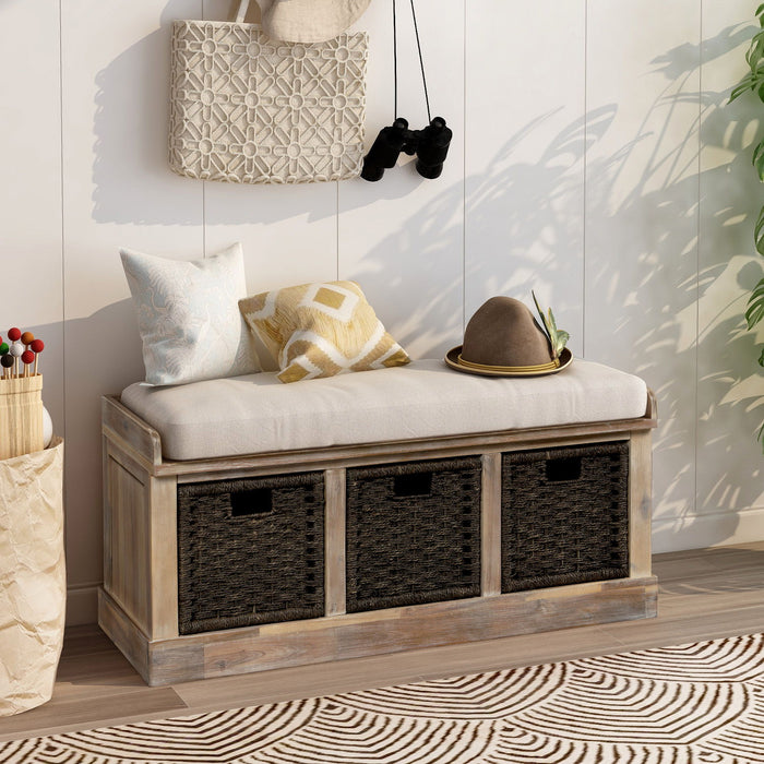Trexm Rustic Storage Bench With 3 Removable Classic Rattan Basket, Entryway Bench With Removable Cushion (White Washed)