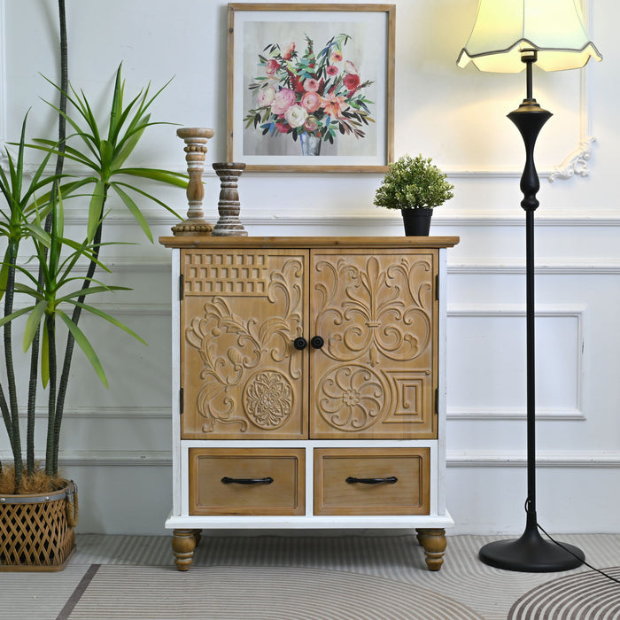 Accent Flower Carved Door Sideboard Cabinet With 2 Drawers For Kitchen - Natural Wood Wash / White