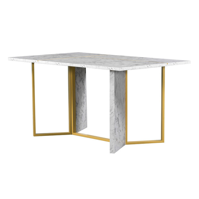Trexm 7 Piece Modern Dining Table Set, Artificial Marble Sticker Tabletop And 6 Upholstered Linen Chair All With Golden Steel Legs For Dining Room And Kitchen (White / Gold)