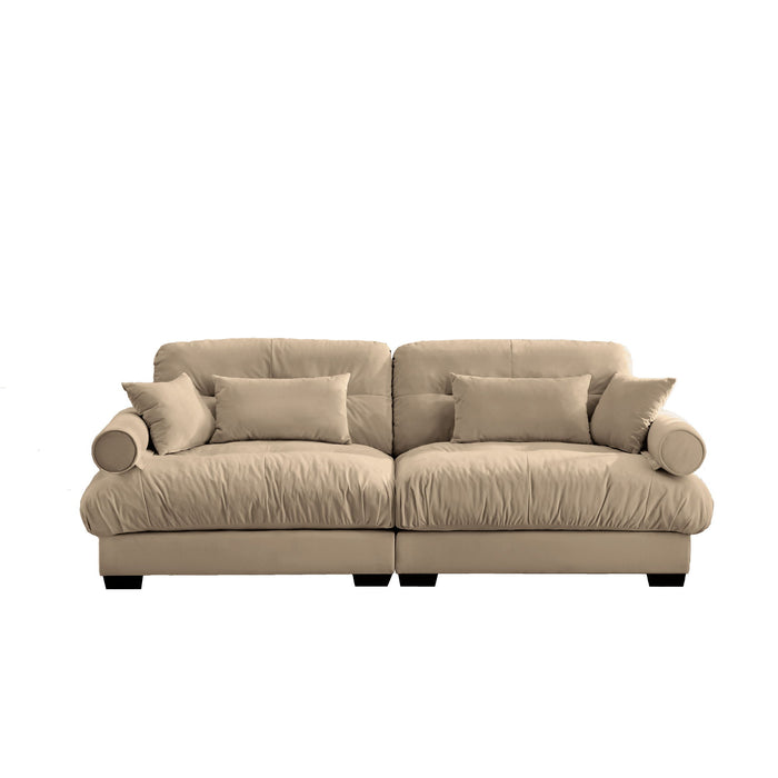 Modern Velvet Sofa With Bolstered Armrests And Pillows