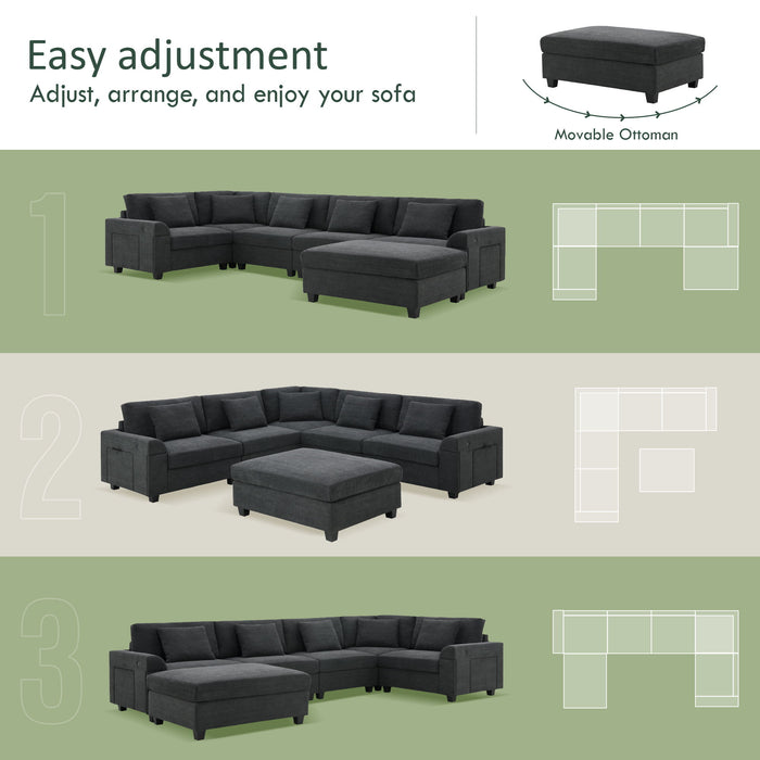 U Shaped Sectional Sofa 6 Seat Couch Set With Oversized Ottoman, Hidden Armrest Storage And Cup Holders USB Charging Ports Wide Seat Sofa