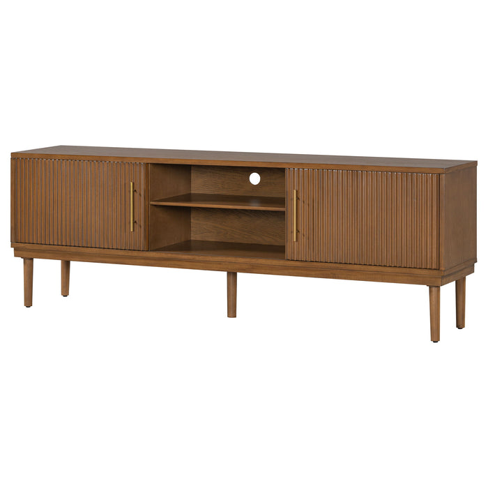 TV Stand With Vertical Slatted Doors And Sliding Panels, Solid Wood Legs - Brown