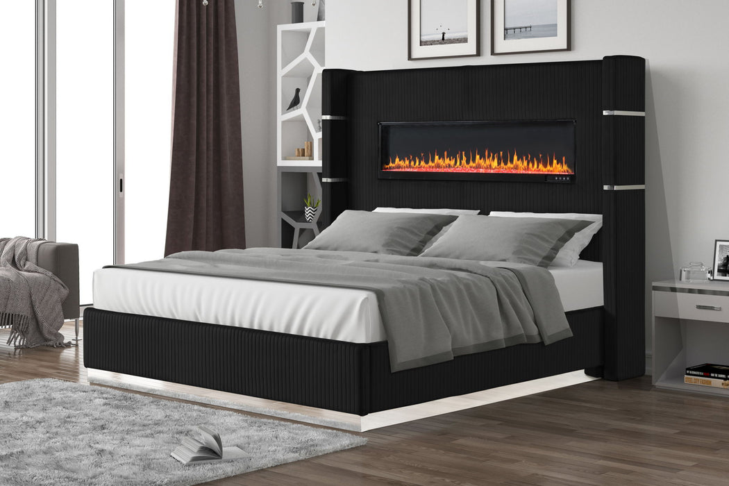 Lizelle Upholstery Wooden King 5 Pieces Bedroom Set With Ambient Lighting In Black Velvet Finish