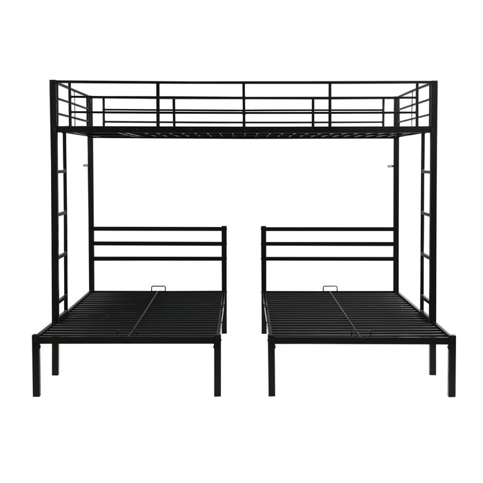 Modern Metal Triple Bunk Bed With Vertical Ladder, Safety Rail, And Storage Shelf - Black