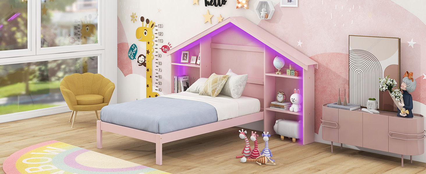 Wood Twin Size Platform Bed With House Shaped Storage Headboard And Built-In LED , Pink