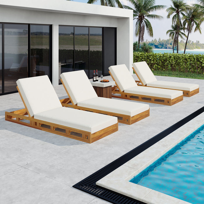 Premium Acacia Wood Lounge Chaise Set With Water Resistant Cushions, Adjustable Recline - Cream / Teak