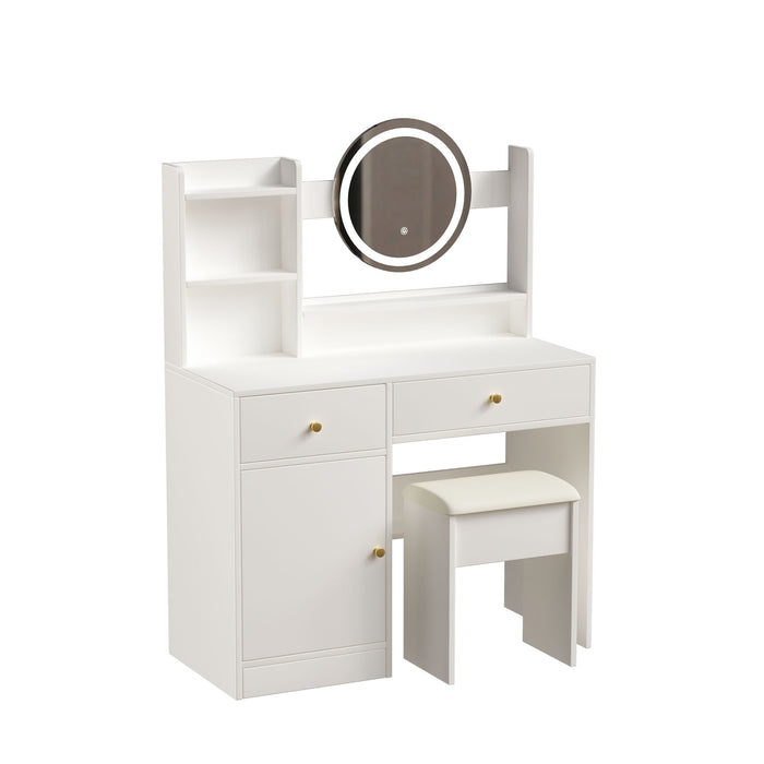 Fashion Vanity Desk With Mirror And Lights For Makeup And Cushioned Chair - White