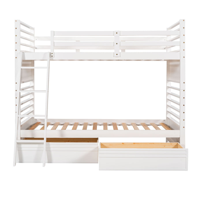 Twin Over Twin Wood Bunk Bed With Two Drawers - White