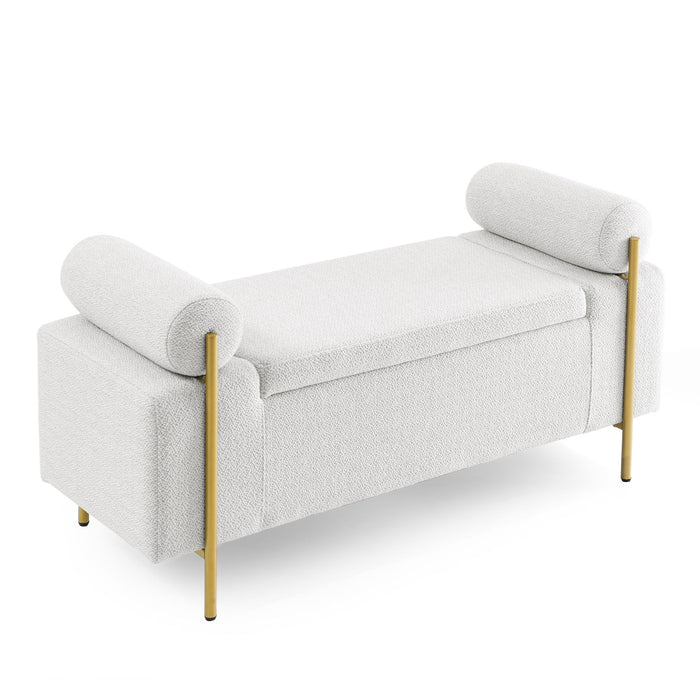 Elegant Upholstered Linen Storage Bench With Cylindrical Arms And Iron Legs, White
