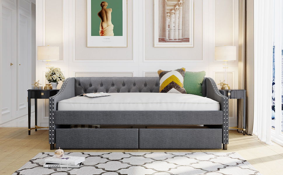 Upholstered Daybed With Two Drawers, Wood Slat Support