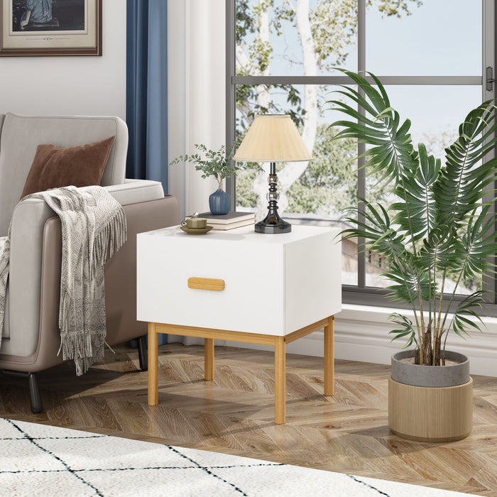 Nightstand With Drawer, Minimalist Bedside Table With Handle For Bedroom - White