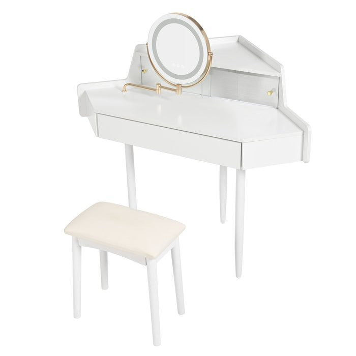 Modern Corner Makeup Vanity Desk With Large Storage, LED Mirror & Stool, Adjustable Brightness, Space Saving - White