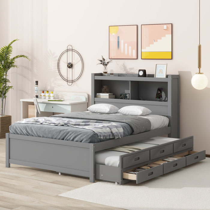 Full Size Platform Bed With Trundle, Drawers, USB Ports And Built In Shelves - Gray