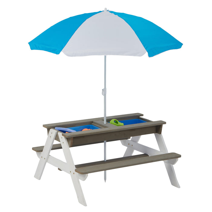 Wooden Kids Picnic Table, Sand And Water Table With Umbrella, Activity Table For Outdoor Backyard Patio Play - White / Gray