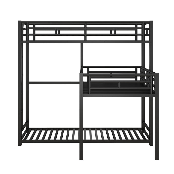 L-Shaped Triple Twin Size Bunk Bed, Industrial Design With Integrated Ladder And Full Length Guardrails - Black