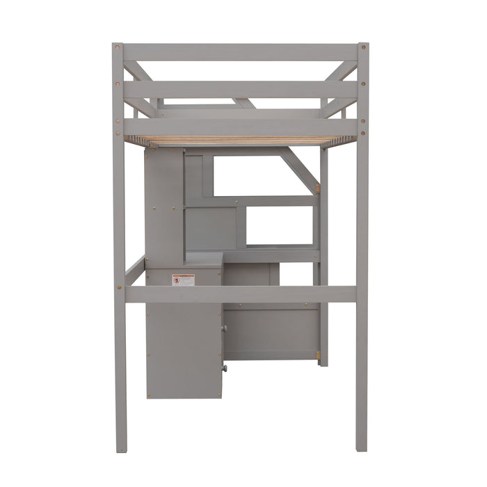 Loft Bed With Stand Alone Bed, Storage Staircase, Desk, Shelves, And Drawers