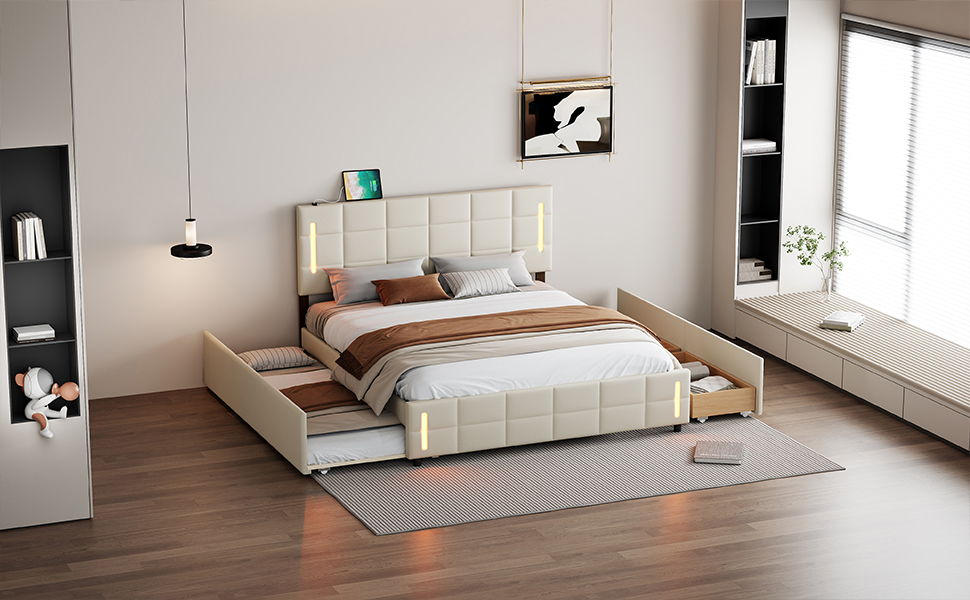 Upholstered Platform Bed With Trundle & Drawers