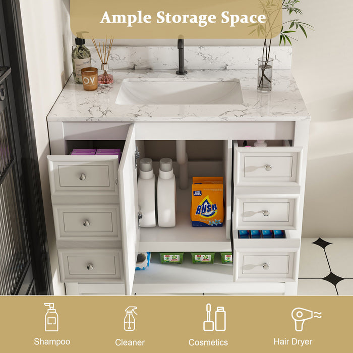 37" Bathroom Vanity, Multi Functional Cabinet With Doors And Drawers, Frame, Single Faucet Hole - White