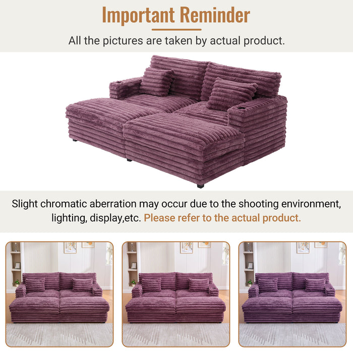 Plush Oversized Double Chaise Lounge Sofa Bed With USB Ports And Cup Holders