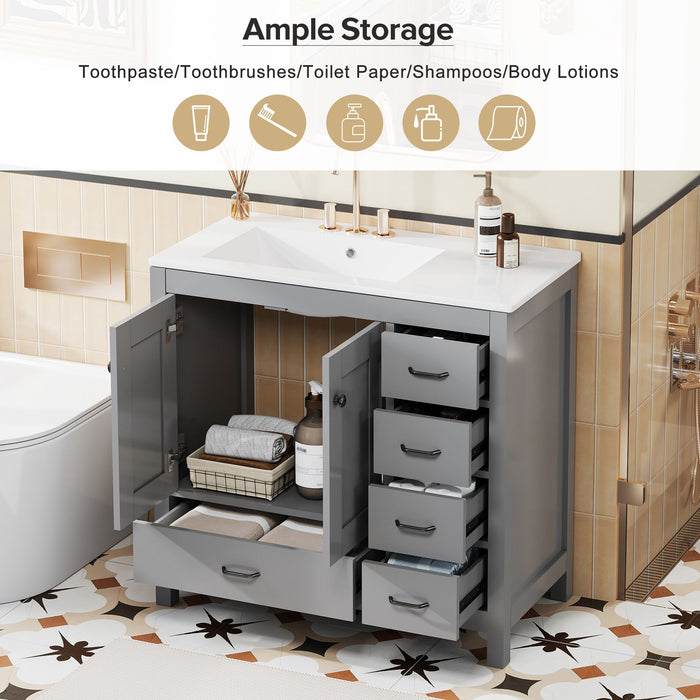 Bathroom Vanity With Ceramic Sink Combo, Abundant Storage Cabinet 2 Soft Close Doors And 5 Drawers