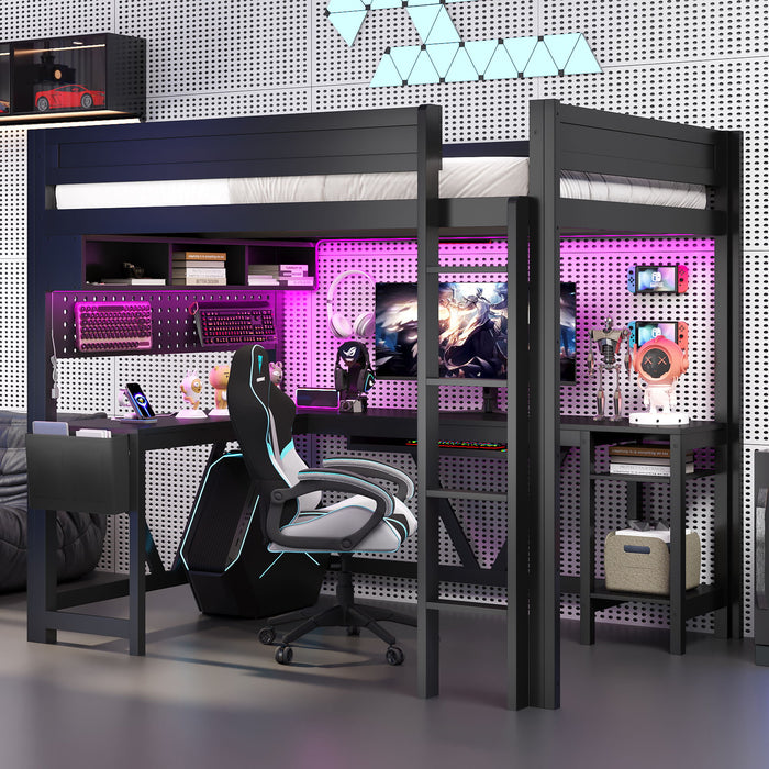 Gaming Loft Bed With Desk, Storage Shelves, LED And Charging Station
