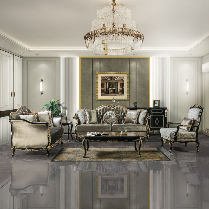 Betria - Sofa With 5 Pillows - Light Green Velvet, Gold & Black High Gloss