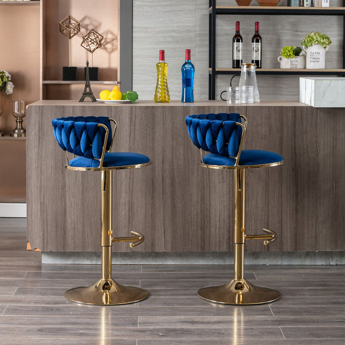 (Set of 2) Bar Stools, With Chrome Footrest And Base Swivel Height Adjustable Mechanical Lifting Velvet And Golden Leg Simple Bar Stool - Blue