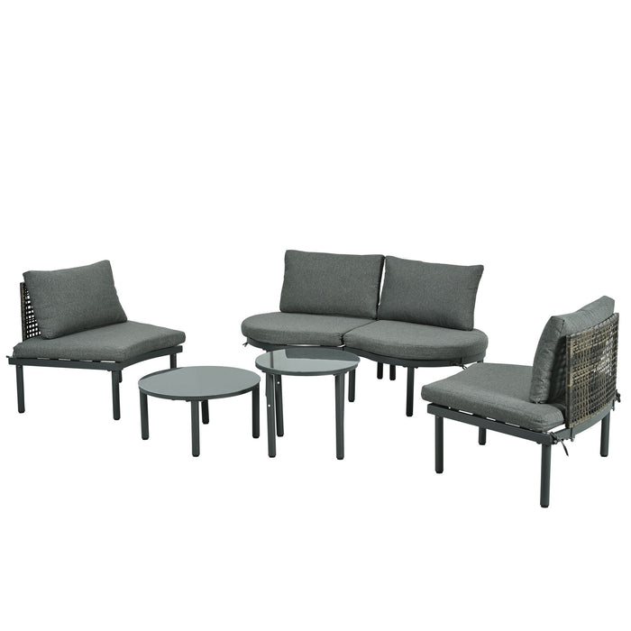 6 Piece Patio Set, Half Moon Outdoor Sectional Sofa With 2 High Low Coffee Tables, 4 Pillows & Cushions