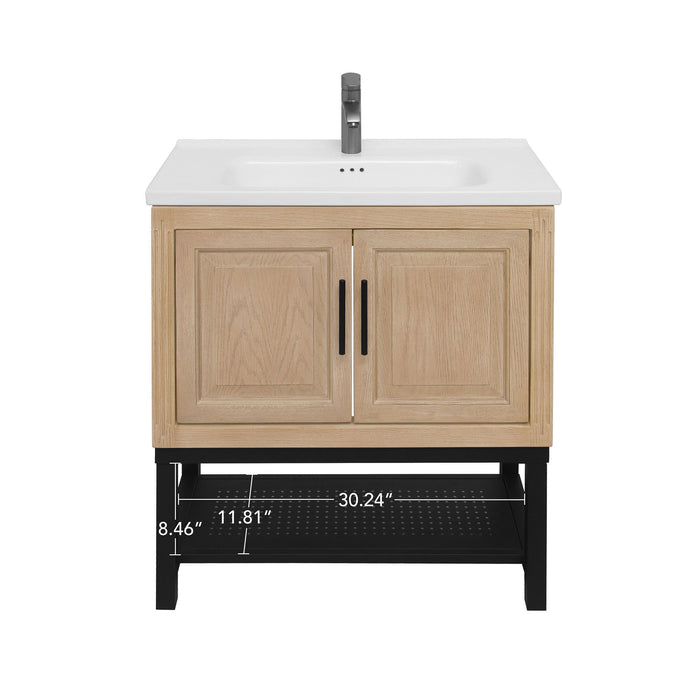 Modern Freestanding Bathroom Vanity With Ceramic Sink, Hot And Cold Faucet, Storage Cabinet & Open Shelf