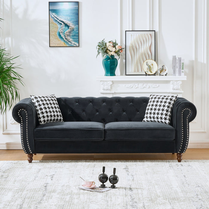 Chesterfield Upholstery Fabric Sofa With Roll Armrest & Nailhead, Mid Century Modern 3 And 3 Seater Couch