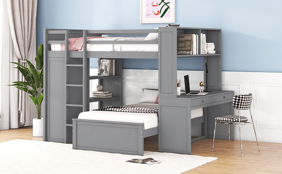 Loft Bed With A Twin Size Standalone Bed, Shelves, Desk, And Wardrobe