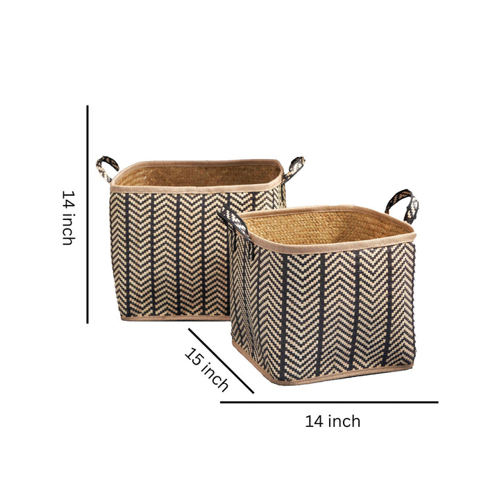 Square Palm Leaf Woven Wicker Storage Basket With Handles (Set of 2) - Back / Brown