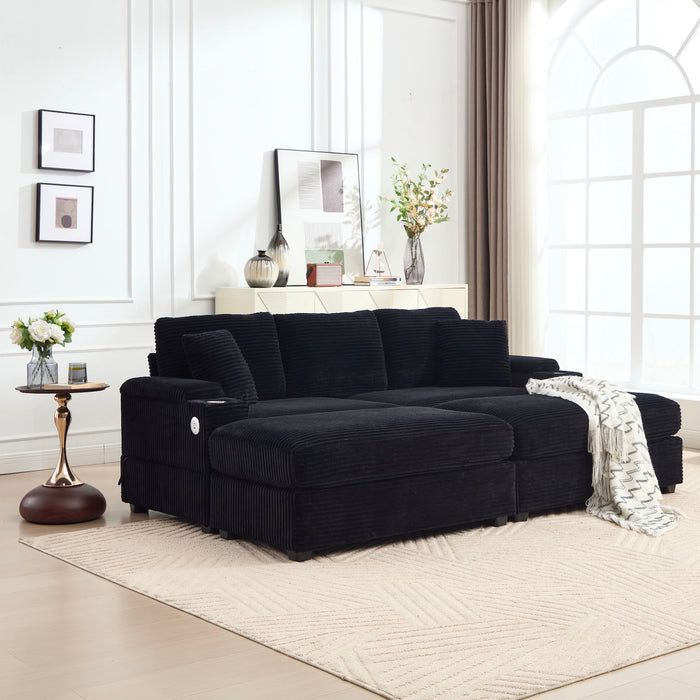 Convertible Sectional Sofa Bed Set With Armrest Storage, Cup Holder, USB - Black