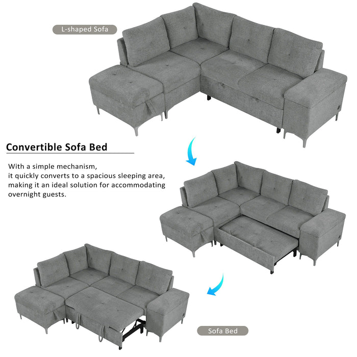Versatile L Shaped Sofa Bed With Storage, Cup Holders, USB Ports Chenille