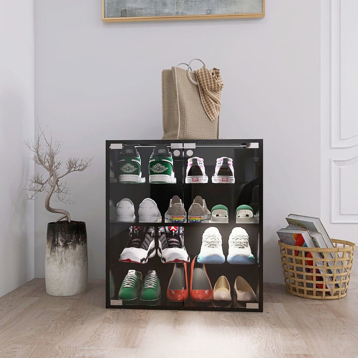 4 Layers Shoe Cabinet With Glass Door And Glass Layer Shoes Display Cabinet With LED Light Bluetooth Control - Black