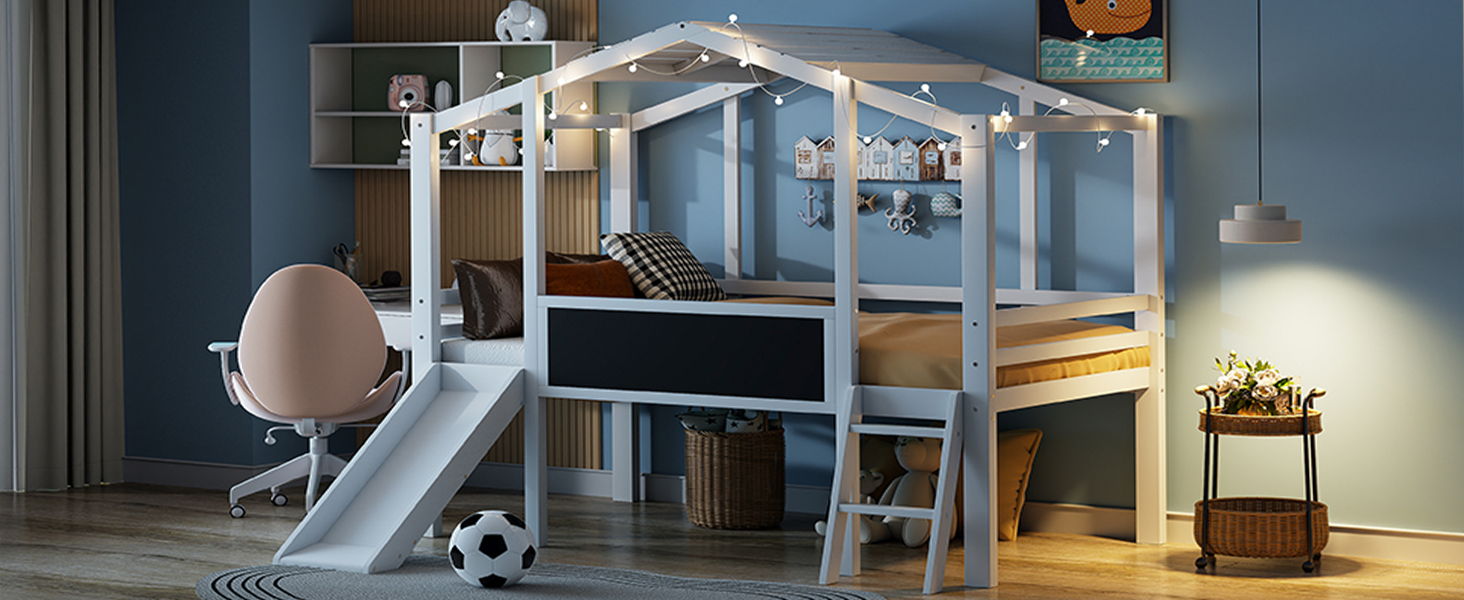 Loft House Bed With Ladder And Slide, With Blackboard And Light Strip On The Roof