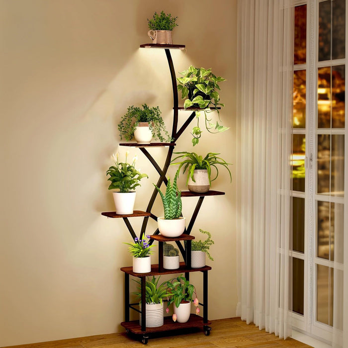 Plant Stand Indoor With Grow Light, 8 Tiered Tall Indoor Plant Shelves For Multiple Plants - Walnut / Black