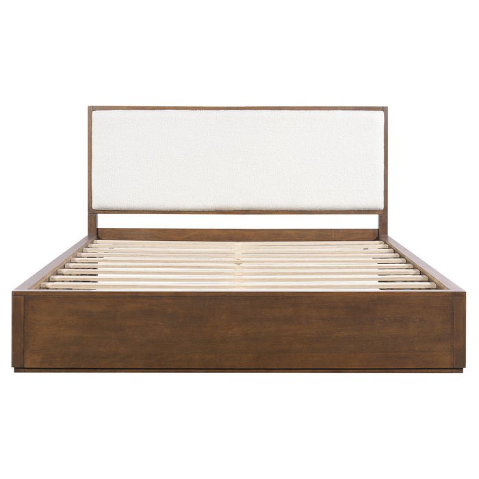 Queen Low Profile Design Bed With Upholstered Headboard - Beige / Walnut Brown